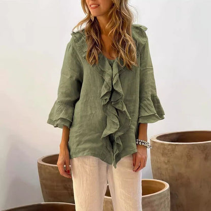 Women’s V-Neck Top – Loose Fit – Ruffle Trim – Bell Sleeves – Lightweight Linen