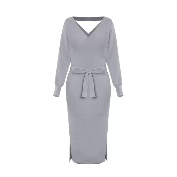 Women’s Sweater Dress – Slim Fit Knit – V-Neck – Self-Tie Waist – Midi Length – Long Sleeve