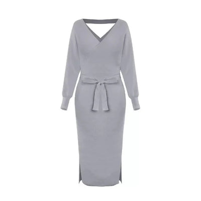 Women’s Sweater Dress – Slim Fit Knit – V-Neck – Self-Tie Waist – Midi Length – Long Sleeve