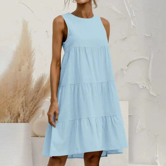 Women’s Midi Dress – Sleeveless Loose Fit – Tiered Ruffle – Cotton Linen Blend