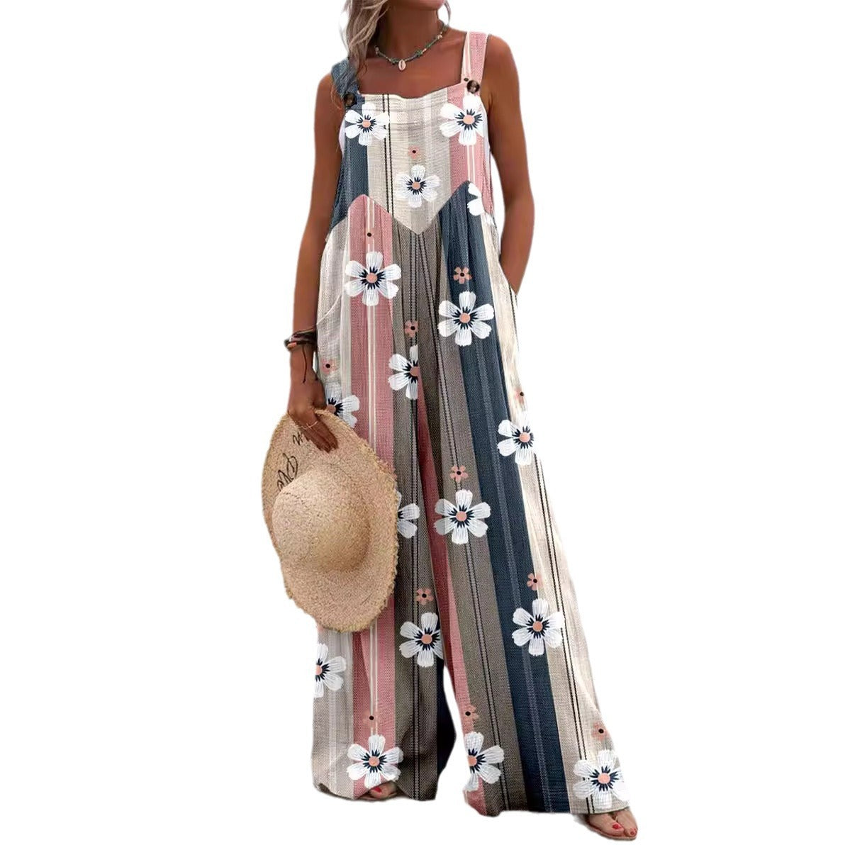 Women’s Jumpsuit – Relaxed Fit – Wide Leg – Sleeveless – Cotton – Floral Print