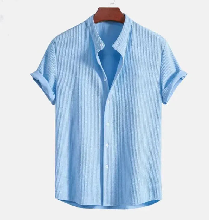 Men’s Short Sleeve Shirt – Cotton Jacquard – Regular Fit – Band Collar Casual Wear