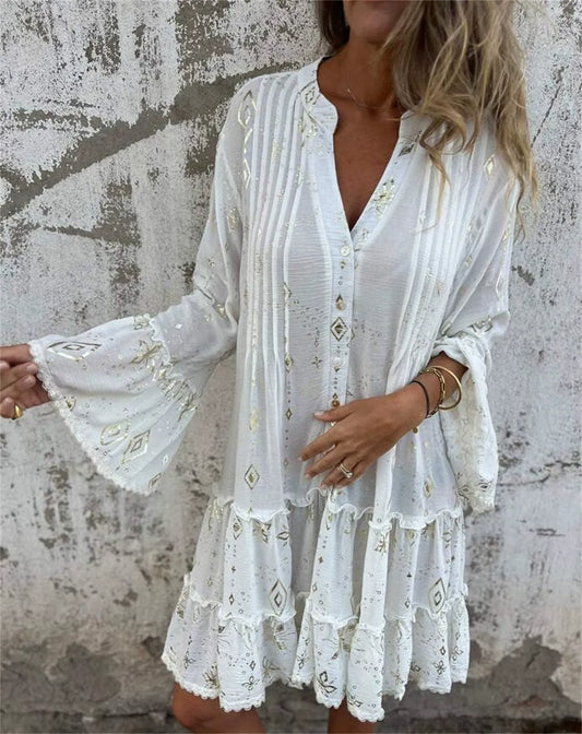 Women’s Dress – Flared Fit – Lace Bell Sleeves – Tiered Hem – Button Front – Metallic Detail