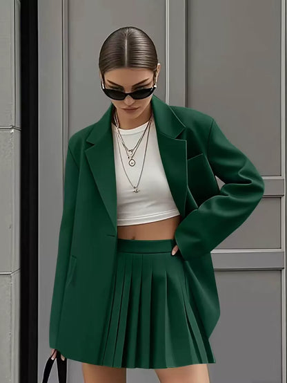 Women’s Skirt Suit Set – Relaxed Fit Blazer – High Waist Pleated Mini Skirt