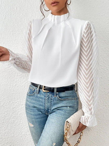 Women’s Long Sleeve Top – Sheer Textured Sleeves – High Neck – Relaxed Fit