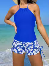Women’s Tankini Set – Halter Neck Backless Top – Floral Tie Shorts – Breathable Blend