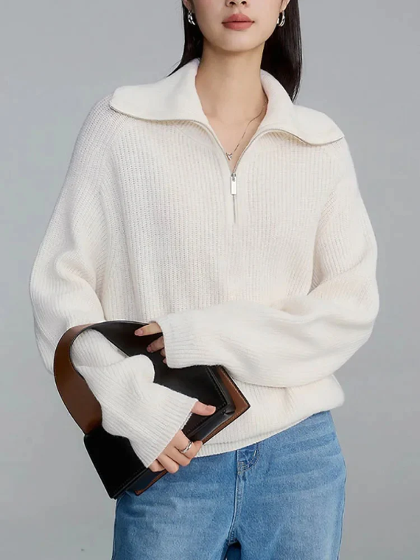 Women’s Pullover Sweater – Wool – Relaxed Fit – High Zip Collar – Ribbed Trim