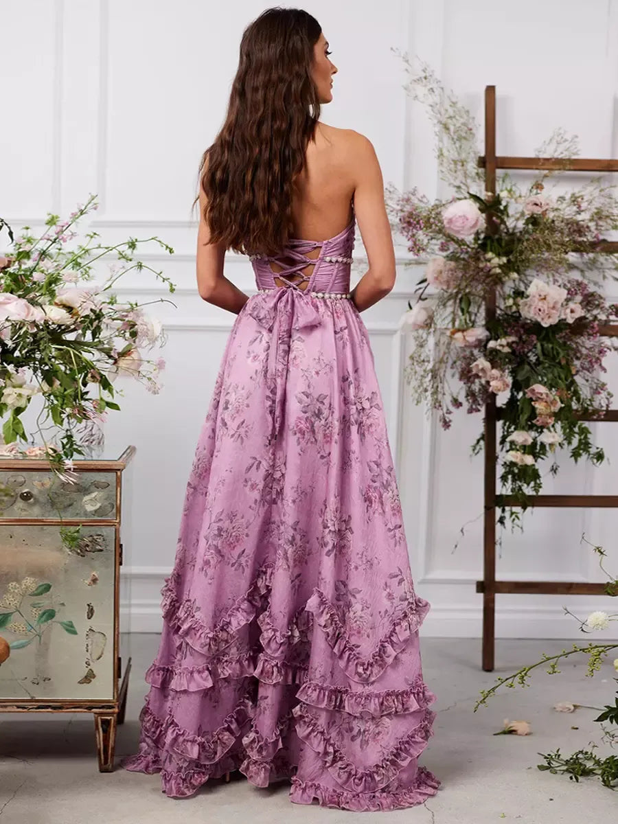 Women’s Maxi Dress – Halter Neck – Beaded Waist – Floral Print – A-Line Fit – Ruffled Hem