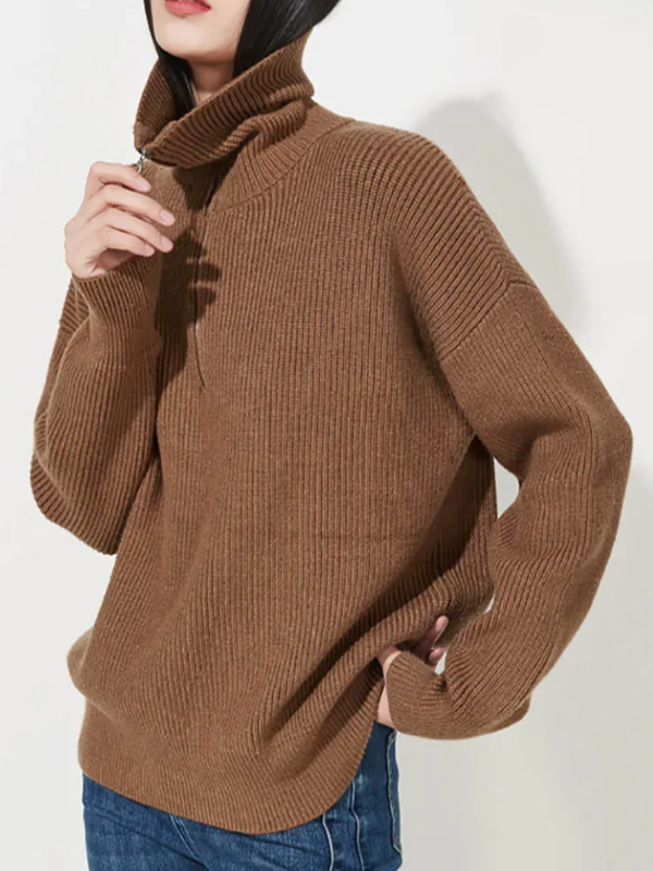 Women’s Pullover Sweater – Wool – Relaxed Fit – High Zip Collar – Ribbed Trim
