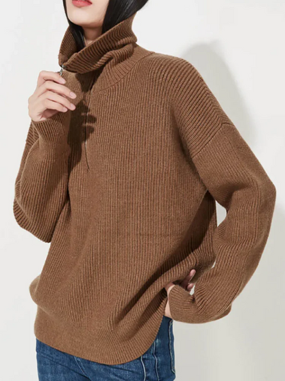 Women’s Pullover Sweater – Wool – Relaxed Fit – High Zip Collar – Ribbed Trim