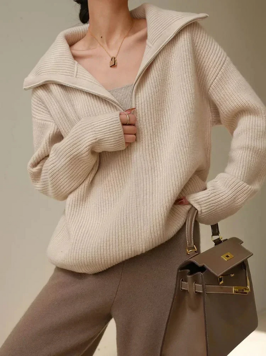 Women’s Pullover Sweater – Wool – Relaxed Fit – High Zip Collar – Ribbed Trim