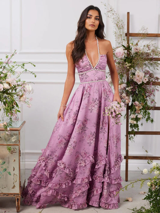 Women’s Maxi Dress – Halter Neck – Beaded Waist – Floral Print – A-Line Fit – Ruffled Hem