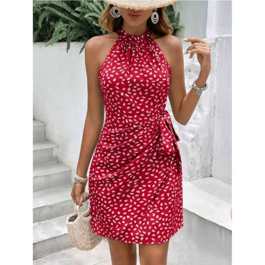 Women’s Mini Dress – Slim Fit – Halter Neck – Pleated Wrap Skirt – Sleeveless – Back Zip