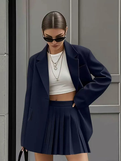 Women’s Skirt Suit Set – Relaxed Fit Blazer – High Waist Pleated Mini Skirt