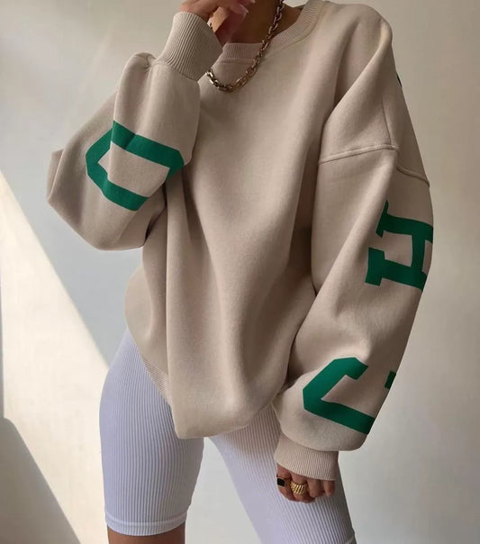 Women’s Oversized Sweatshirt – Cotton Blend – Long Sleeve – Graphic Sleeve Detail