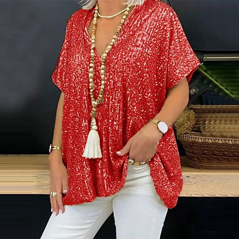 Women’s V-Neck T-Shirt – Relaxed Fit – Sequin Embellished – Short Sleeve