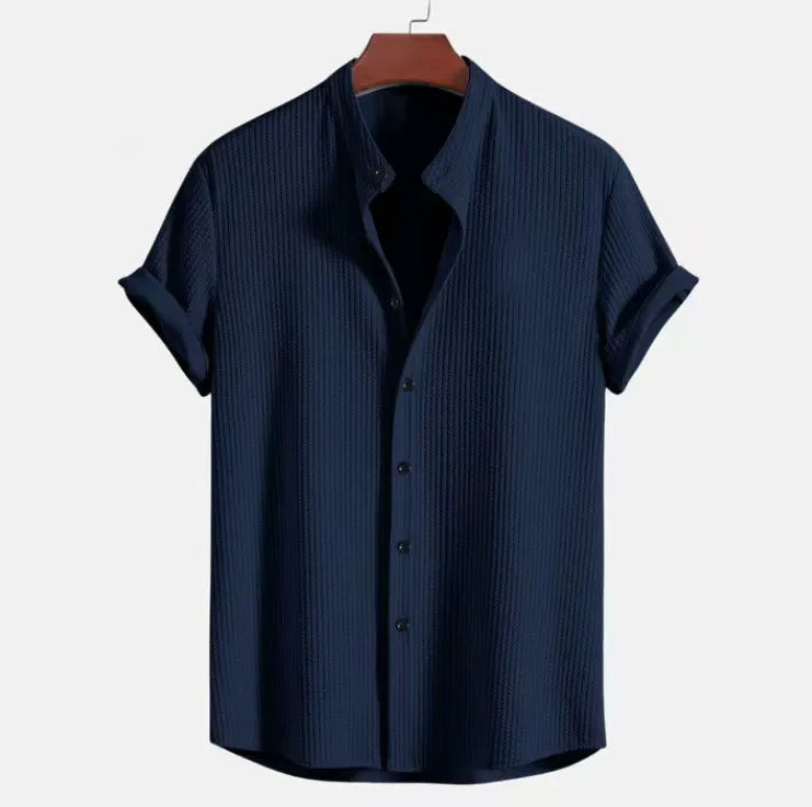 Men’s Short Sleeve Shirt – Cotton Jacquard – Regular Fit – Band Collar Casual Wear