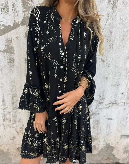 Women’s Dress – Flared Fit – Lace Bell Sleeves – Tiered Hem – Button Front – Metallic Detail