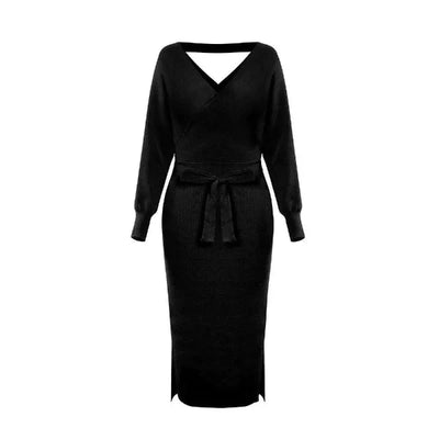 Women’s Sweater Dress – Slim Fit Knit – V-Neck – Self-Tie Waist – Midi Length – Long Sleeve