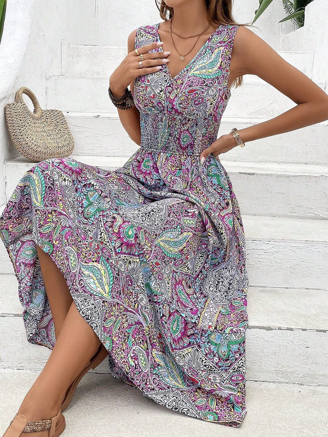 Women’s Midi Dress – V-Neck – Sleeveless – High Waist – Flowy A-Line – Cotton Blend