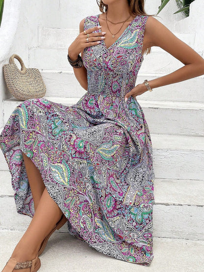 Women’s Midi Dress – V-Neck – Sleeveless – High Waist – Flowy A-Line – Cotton Blend