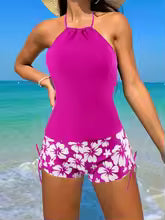 Women’s Tankini Set – Halter Neck Backless Top – Floral Tie Shorts – Breathable Blend