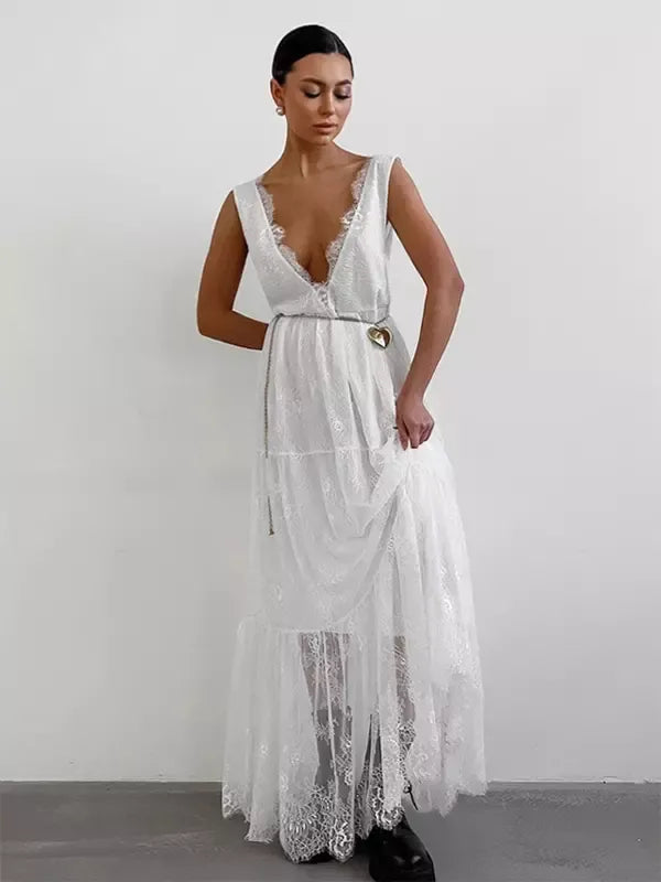 Women’s Long Dress – Lace Detail – Deep V-Neck – Sleeveless – Flowy Elegant Fit