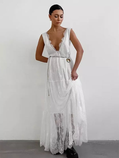 Women’s Long Dress – Lace Detail – Deep V-Neck – Sleeveless – Flowy Elegant Fit