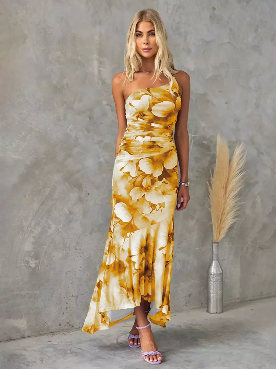 Women’s Long Dress – One-Shoulder – Floral Print – Ruched Waist – Breathable Blend