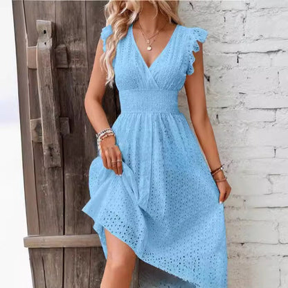 Women’s Midi Dress – A-Line Fit – Broderie Anglaise – Ruffled Sleeves – Fitted Waist