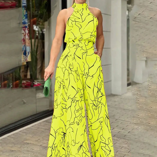 Women’s Jumpsuit – Halter Neck – Abstract Print – Relaxed Fit – Wide Leg – Full Length