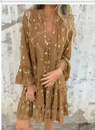 Women’s Dress – Flared Fit – Lace Bell Sleeves – Tiered Hem – Button Front – Metallic Detail