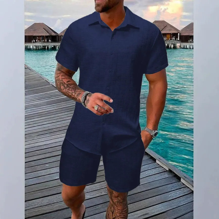 Men’s Casual Set – Relaxed Fit – Jacquard Texture – Short Sleeve Casual Style