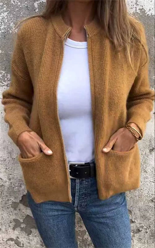 Women’s Jacket – Ribbed Knit – Loose Fit – Stand Collar – Zip Front – Hip Length
