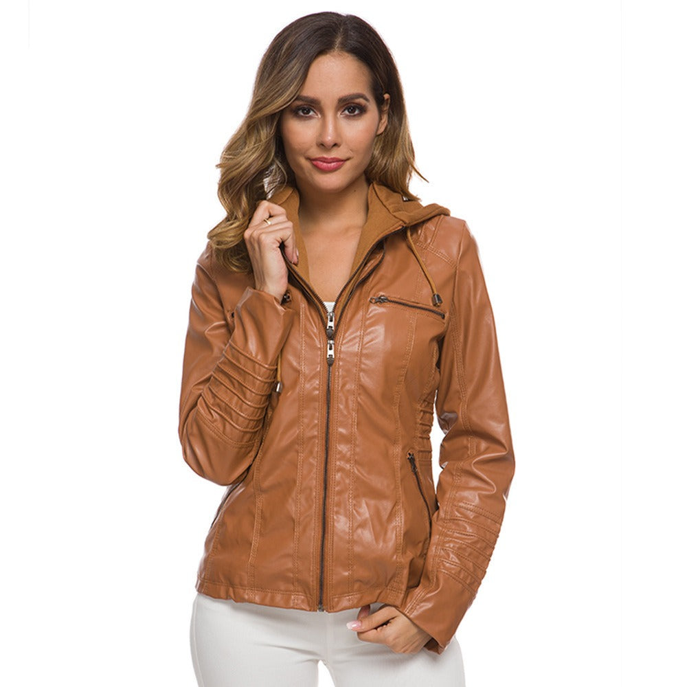 Women’s Leather Jacket – Slim Fit – Hooded – Zipper Closure – Ribbed Sleeve Detail
