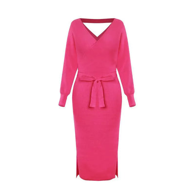 Women’s Sweater Dress – Slim Fit Knit – V-Neck – Self-Tie Waist – Midi Length – Long Sleeve