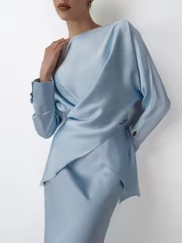 Women’s Skirt Set – Draped Off-Shoulder Top – Midi Straight Skirt – Silky Feel