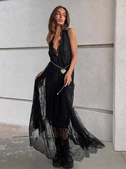 Women’s Long Dress – Lace Detail – Deep V-Neck – Sleeveless – Flowy Elegant Fit