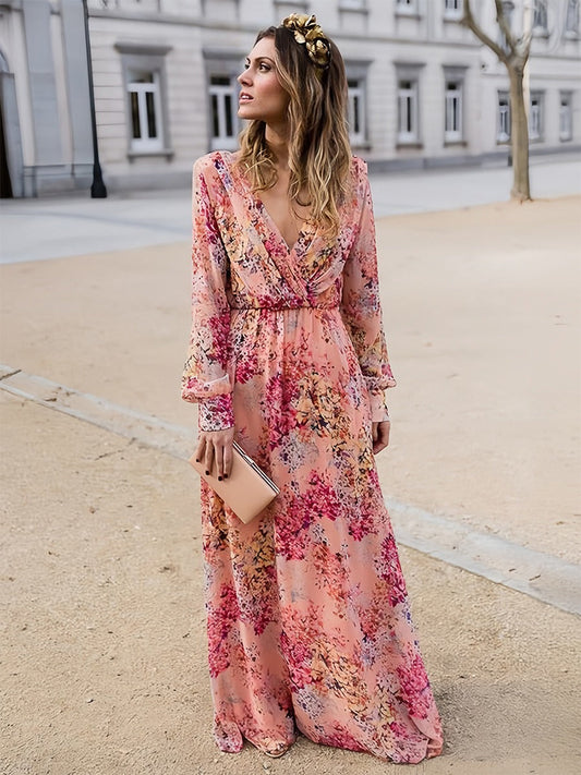 Women’s Maxi Dress – V-Neck – Printed – Long Sleeve – Relaxed Fit – Breathable Fabric