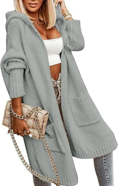 Women’s Knit Cardigan – Wool Blend – Oversized Fit – Hooded Open Front – Mid Length