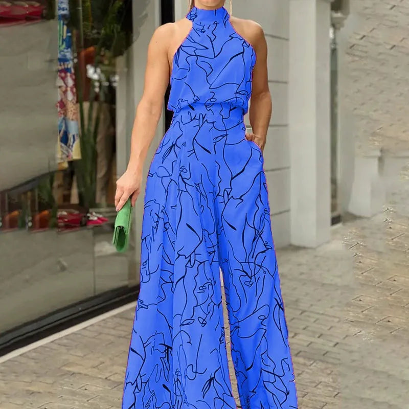 Women’s Jumpsuit – Halter Neck – Abstract Print – Relaxed Fit – Wide Leg – Full Length