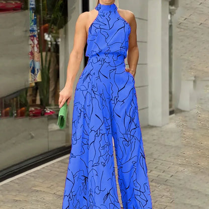 Women’s Jumpsuit – Halter Neck – Abstract Print – Relaxed Fit – Wide Leg – Full Length