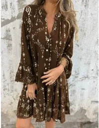 Women’s Dress – Flared Fit – Lace Bell Sleeves – Tiered Hem – Button Front – Metallic Detail