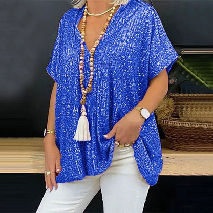 Women’s V-Neck T-Shirt – Relaxed Fit – Sequin Embellished – Short Sleeve