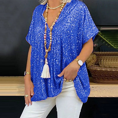 Women’s V-Neck T-Shirt – Relaxed Fit – Sequin Embellished – Short Sleeve