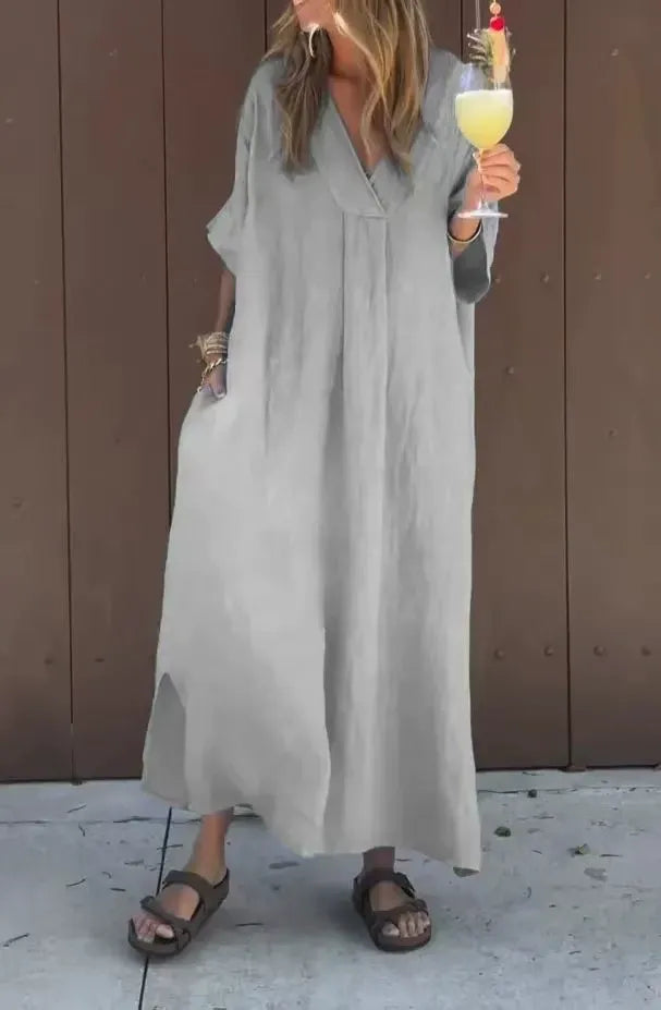 Women’s Maxi Dress – Cotton Feel – Loose Fit – V-Neck – Short Sleeve – Minimal Style