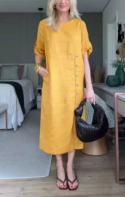 Women’s Midi Dress – Relaxed Fit – Cotton Linen – Side Buttons – Short Sleeve