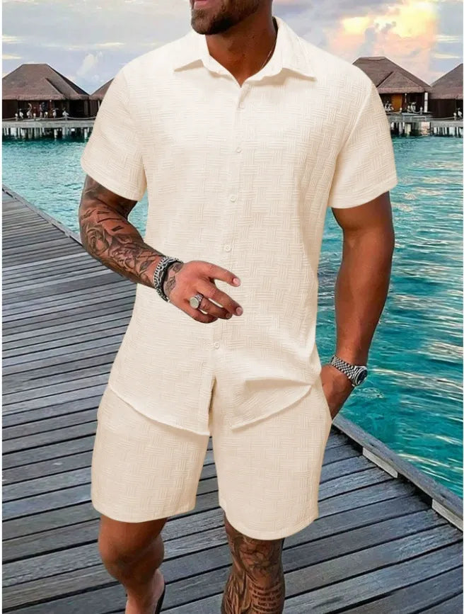 Men’s Casual Set – Relaxed Fit – Jacquard Texture – Short Sleeve Casual Style