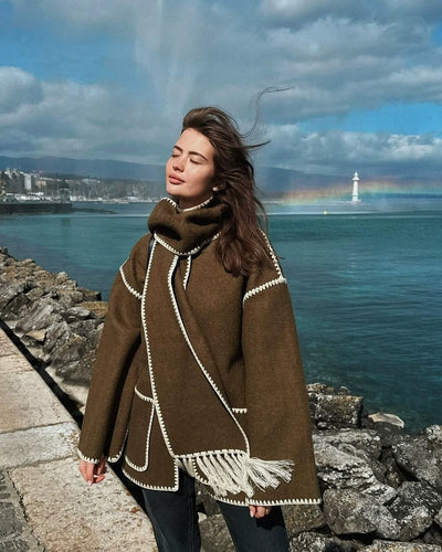 Women’s Wool Coat – Oversized Fit – Full Length – Button Front – Matching Scarf