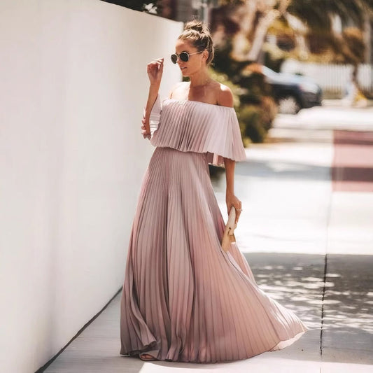 Women’s Maxi Dress – Off Shoulder – Ruffle Neckline – Pleated – Flowy Fit